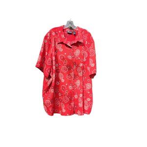 Red Button down short sleeved blouse